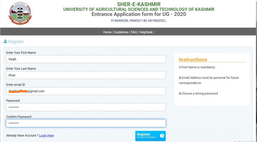 SKUAST Kashmir Registration Process Admission 2021