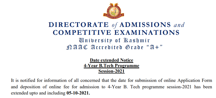 Kashmir University BTech admission Notice 7