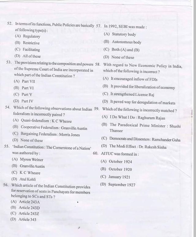 Kashmir University Political Science Entrance Test Paper 4