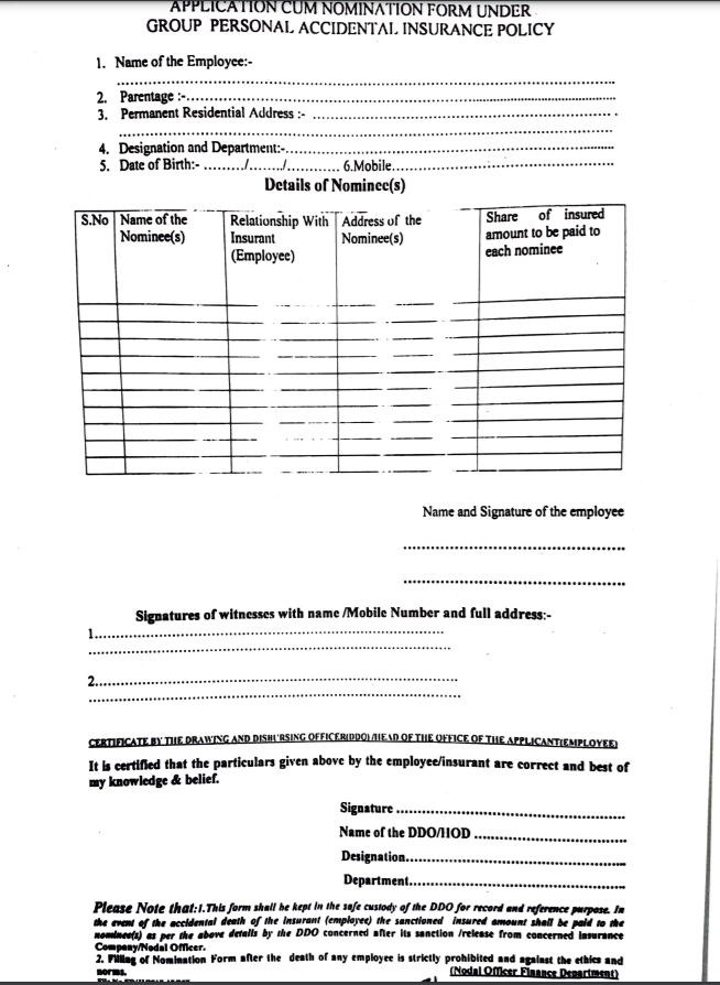 Group Personal Accidental Insurance Policy Application Form