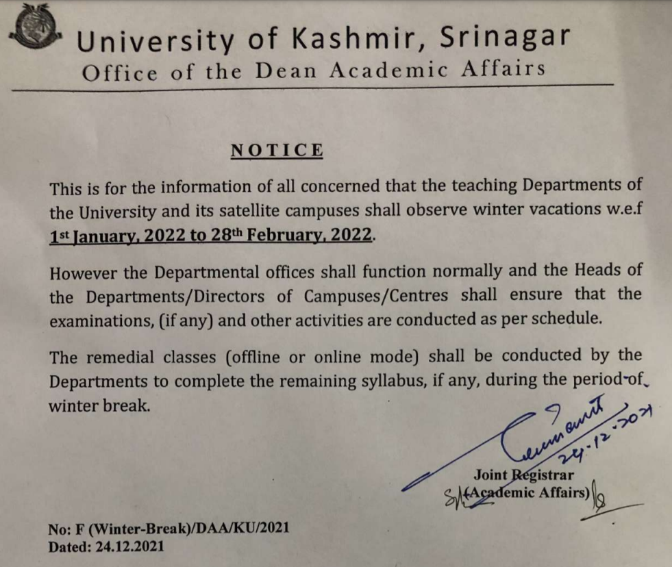 Kashmir University Winter vacations