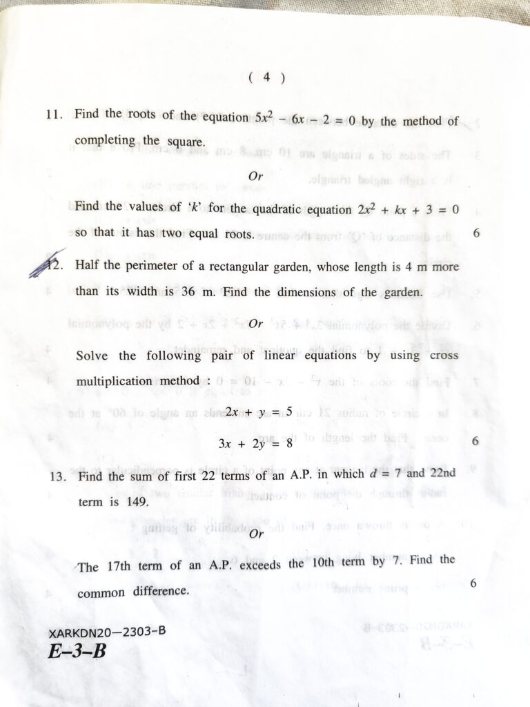 JKBOSE Class 10Th Mathematics Question Paper