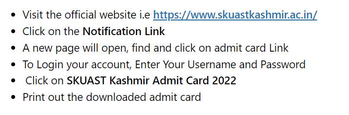 SKUAST Kashmir Admit Card 2022, Download UET Hall Ticket, Direct Link 1