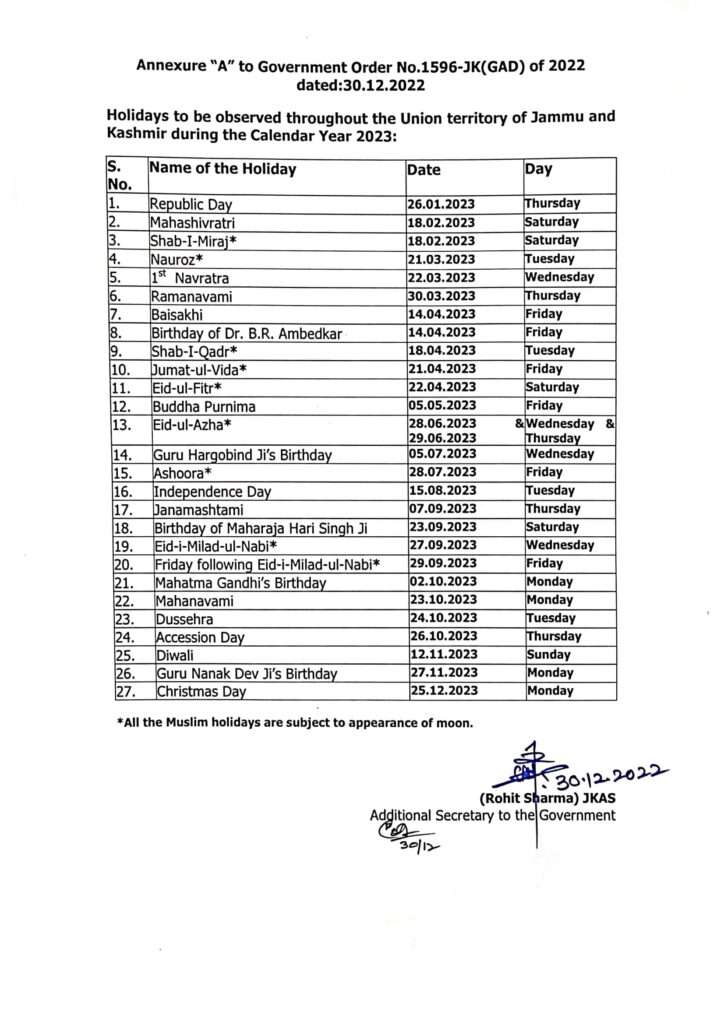 J&K Govt notifies List of holidays for the calendar year 2023 2
