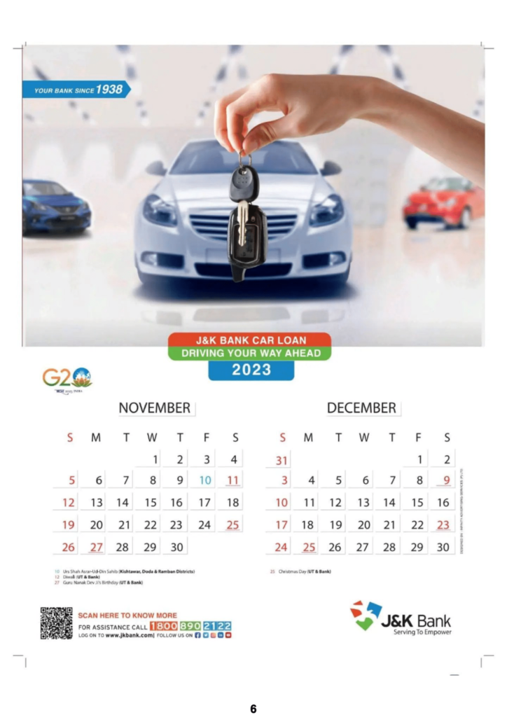 JKBANK Calendar 2023 - Nov Dec